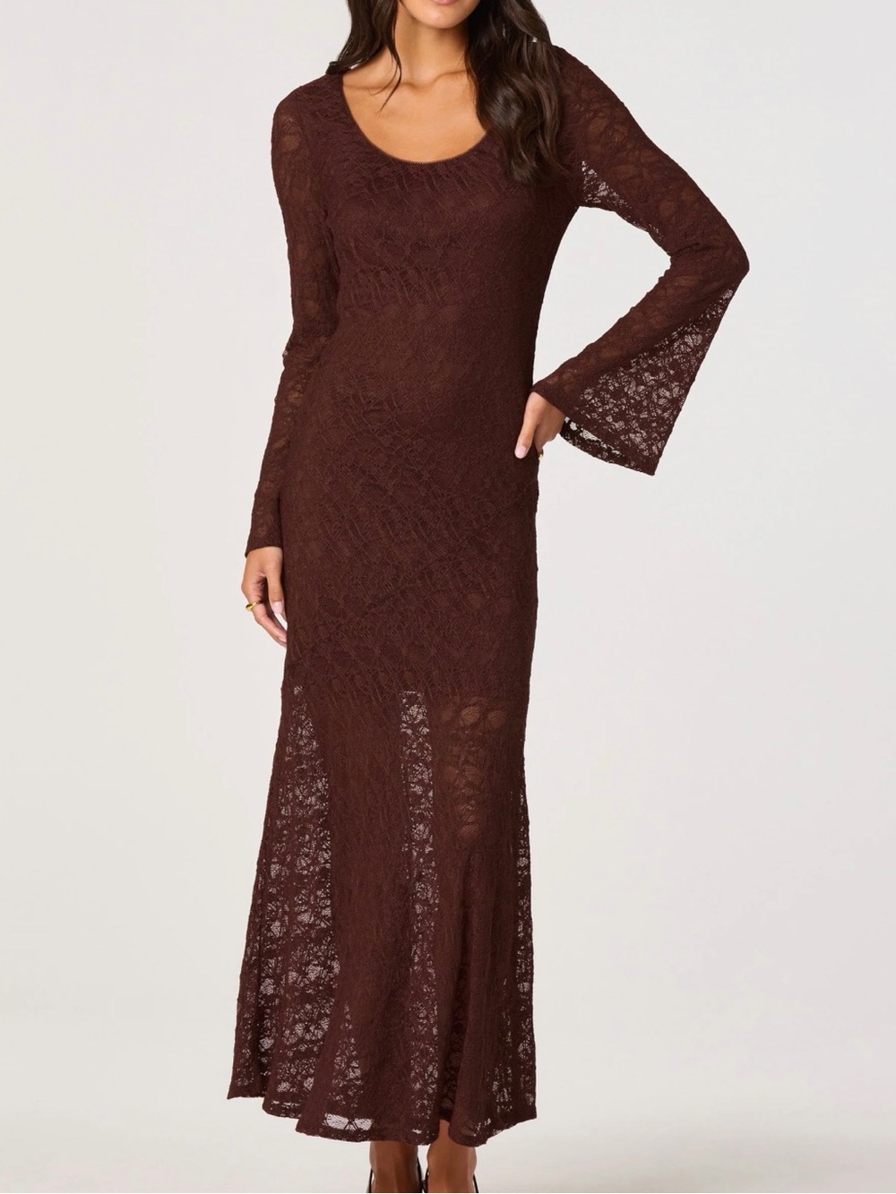 Astr the Label Brown Lace Maxi Dress with Bell Sleeves